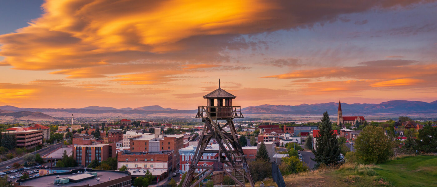 Butte Montana headframe at sunset