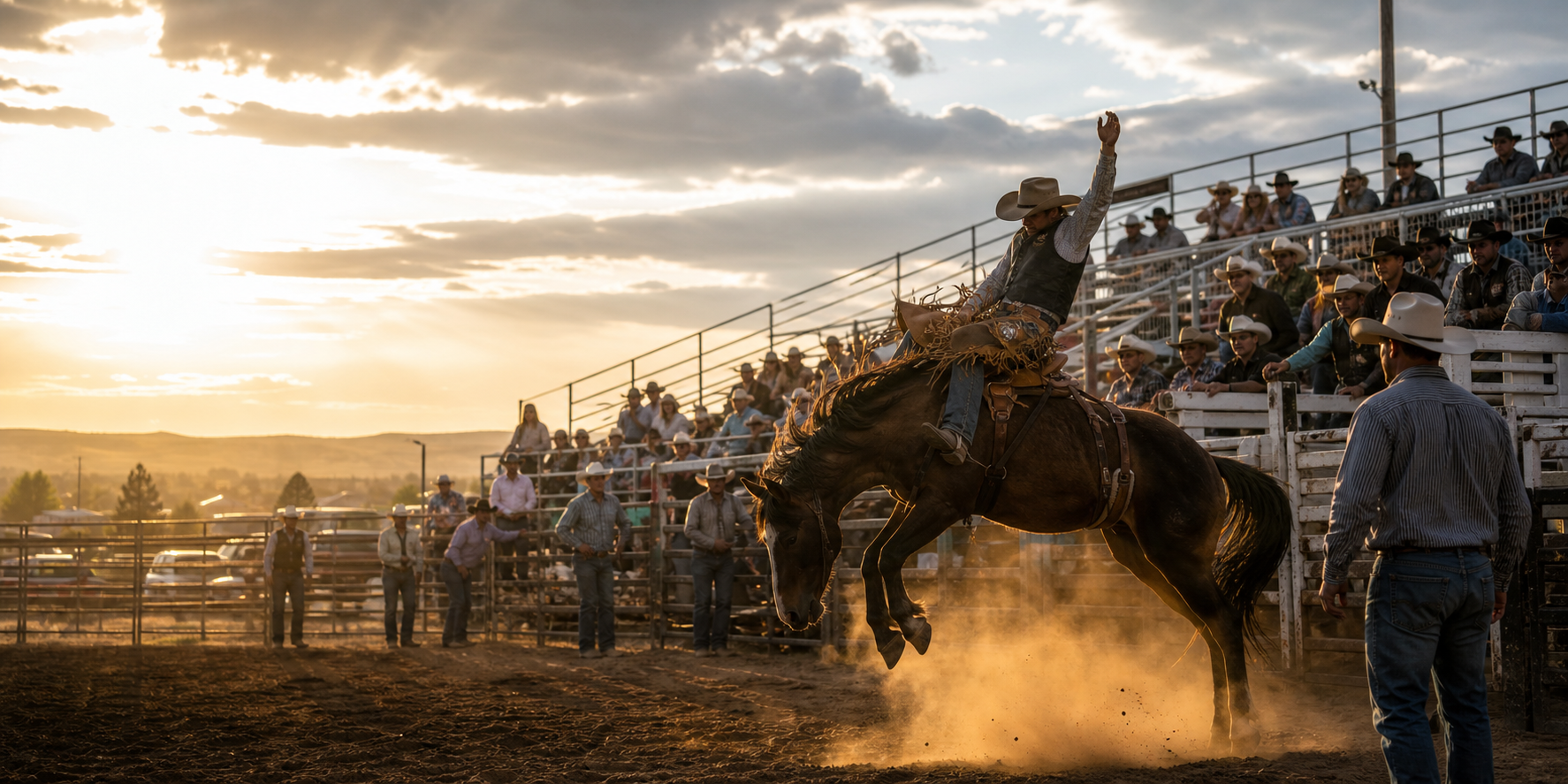 Miles City bucking horse event with riders, volunteers, and spectators