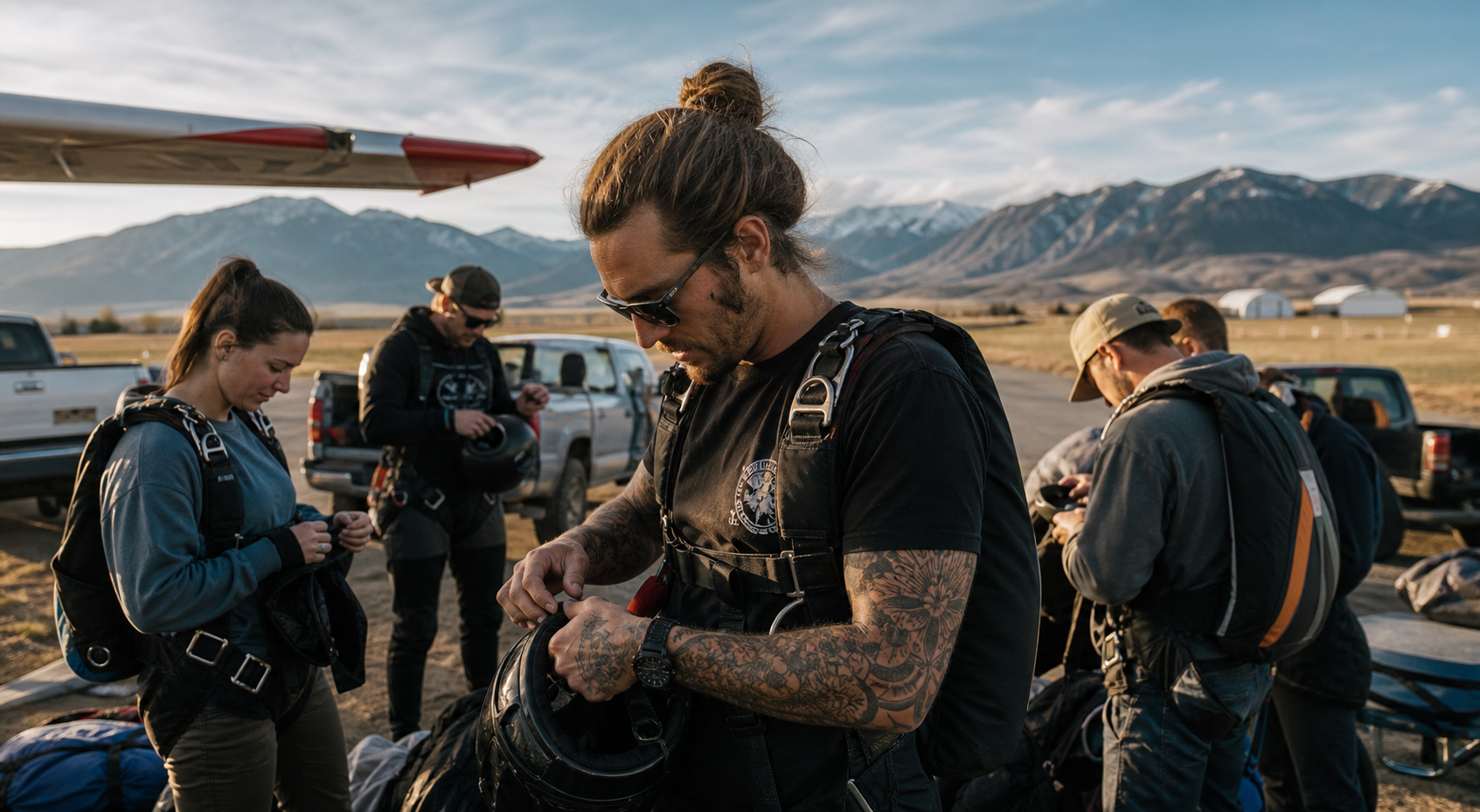 Montana skydiving group preparing gear near the mountains